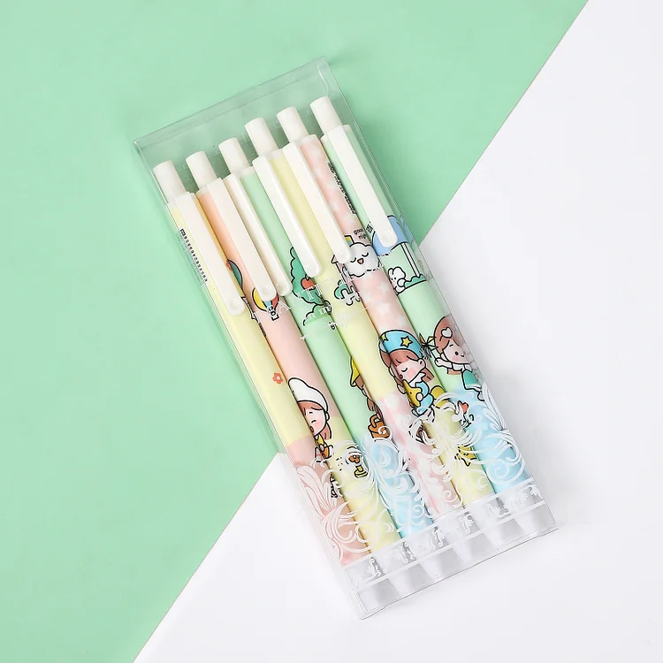 6Pcs/box Kawaii Gel Pen Set Black Ink 0.5mm Cartoon Pens for Kids