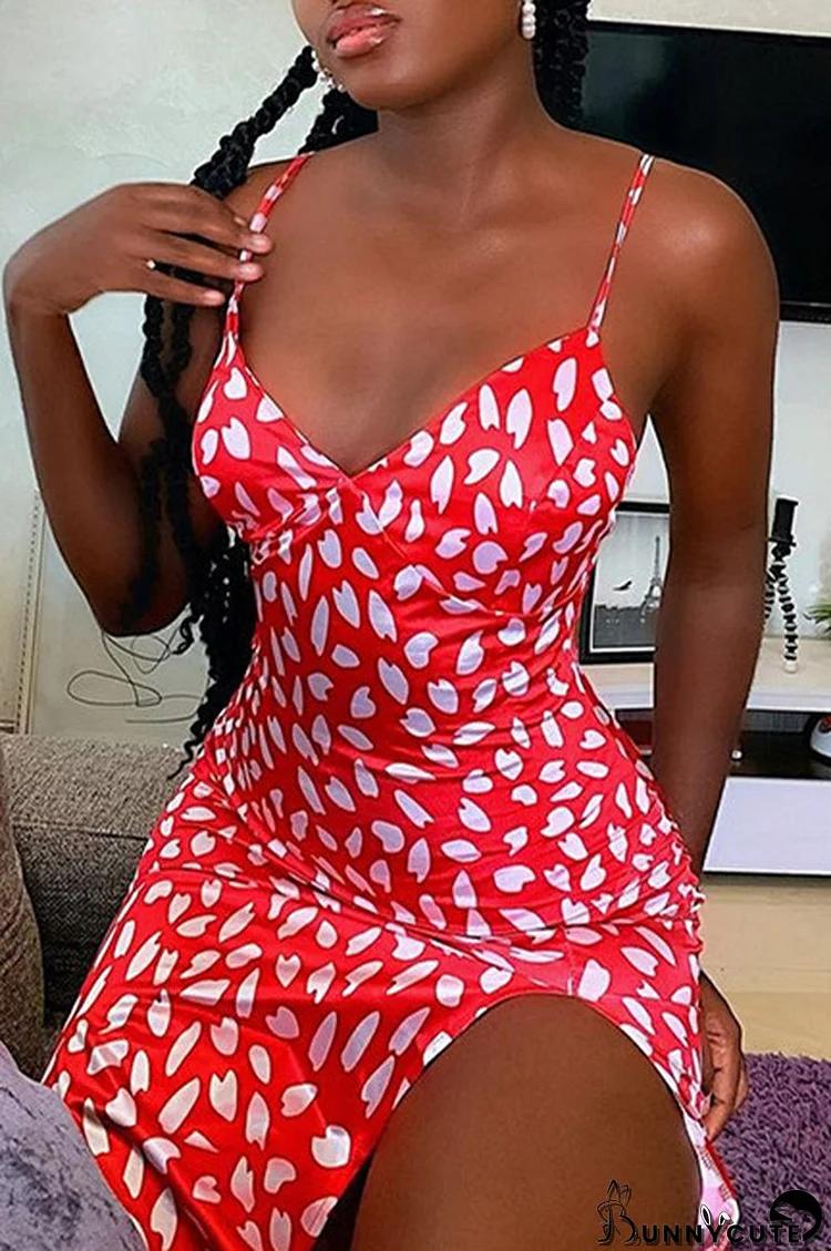 Red Fashion Sexy Print Backless Slit V Neck Sling Dress Dresses