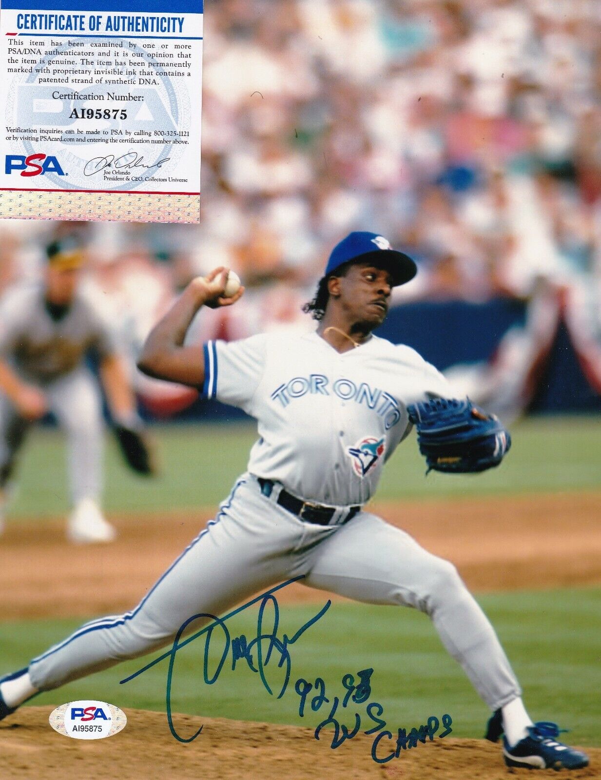 JUAN GUZMAN TORONTO BLUE JAYS 92,93 WS CHAMPS PSA AUTHENTICATED SIGNED 8x10