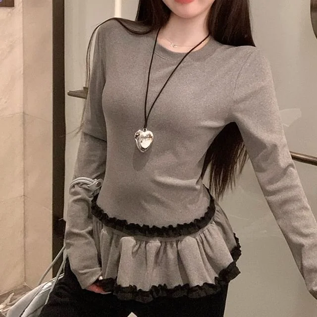 Plain Long-Sleeve Crewneck Top Ruffle