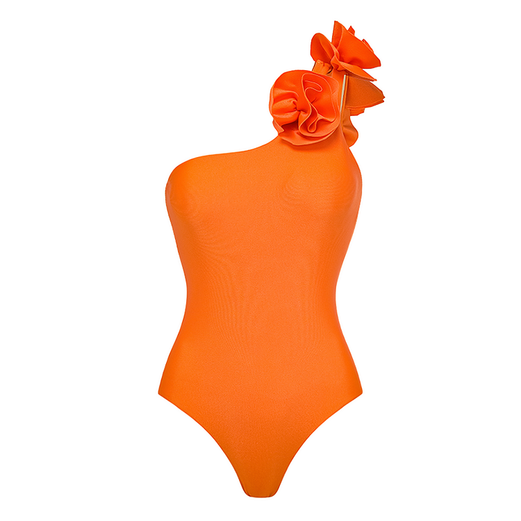 3D Flowers One Shoulder One Piece Swimsuit and Skirt 