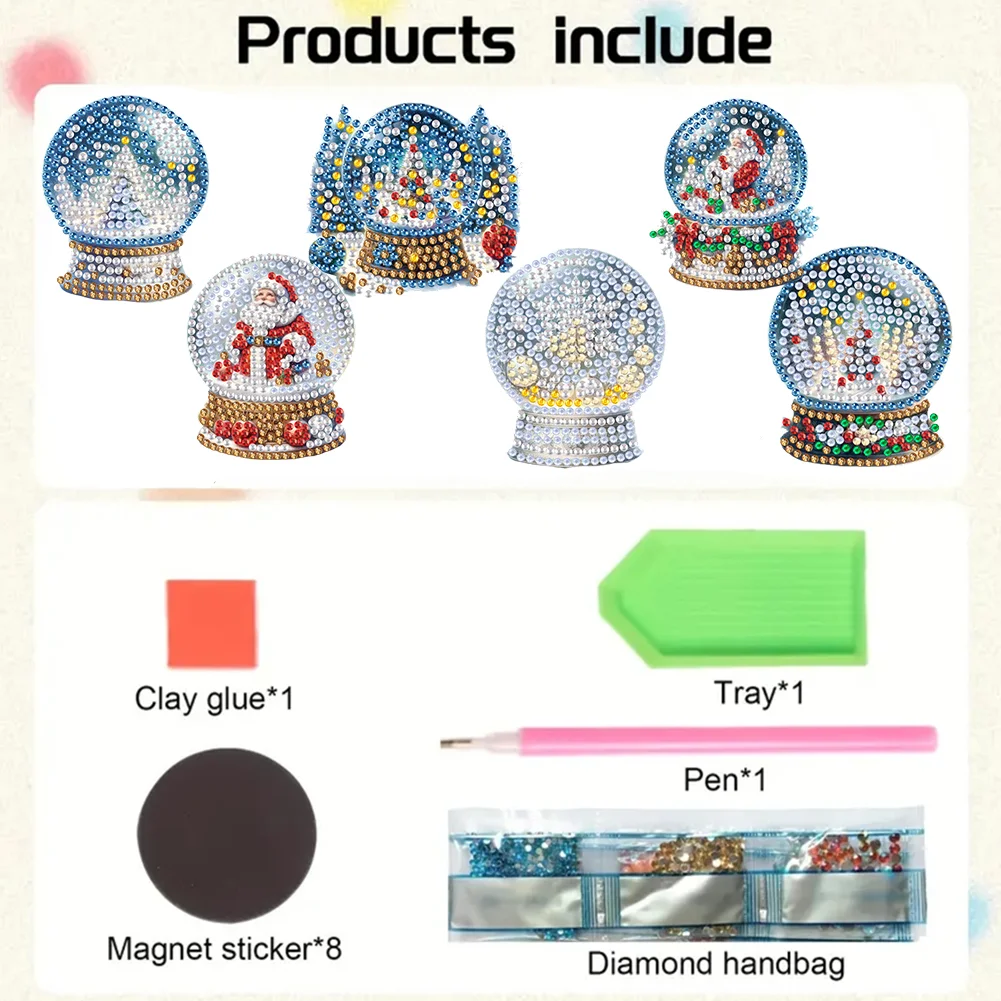 6Pcs Acrylic Christmas Crystal Ball Diamond Painting Fridge Magnet for Beginners