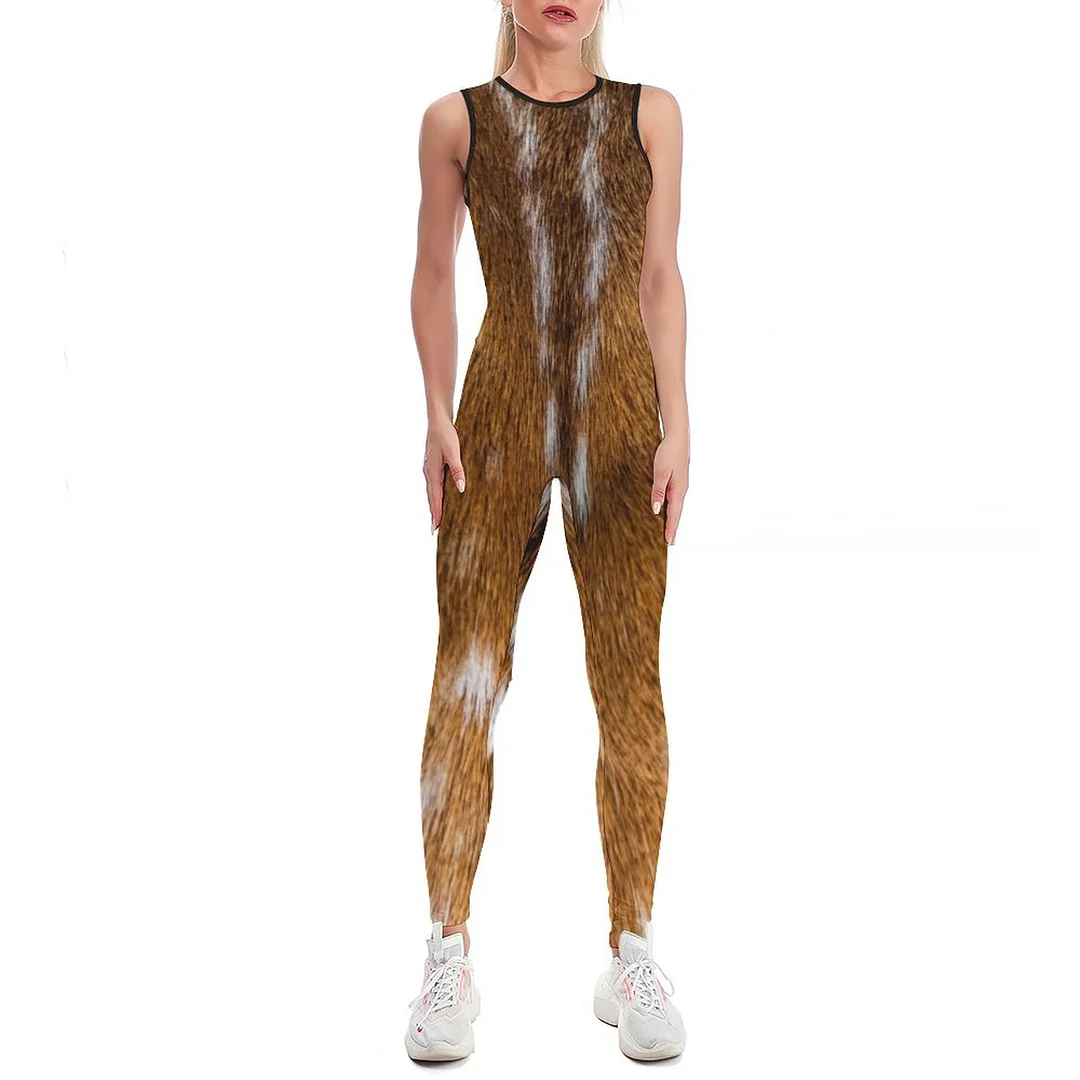 Spotted Deer Fur Texture Bodycon Tank One Piece Jumpsuits Long Pant Retro Yoga Printing Rompers Playsuit for Women