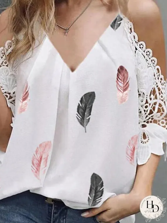 Casual Feather Print V-neck Lace Off-the-shoulder Top for Women