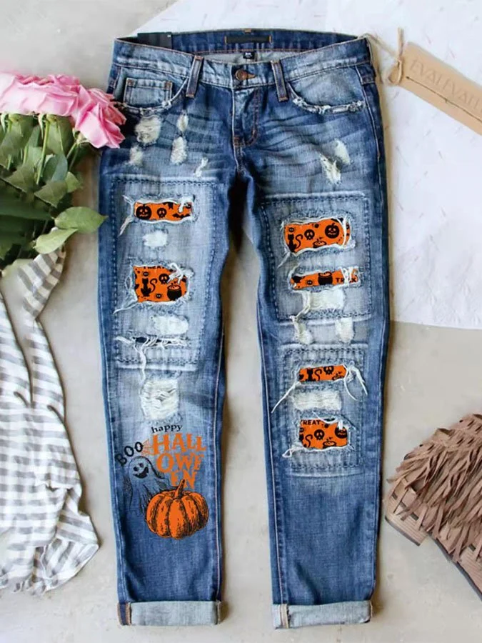 Halloween Pumpkin Print Straight Jeans