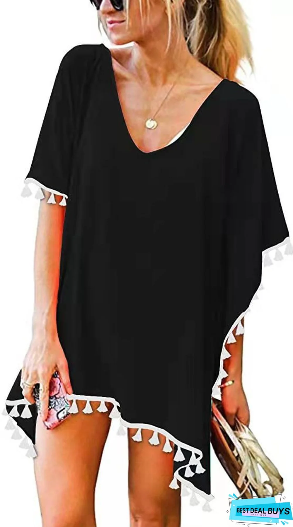 Round Neck Chiffon Tassel Dress Plus Size Loose Beach Blouse