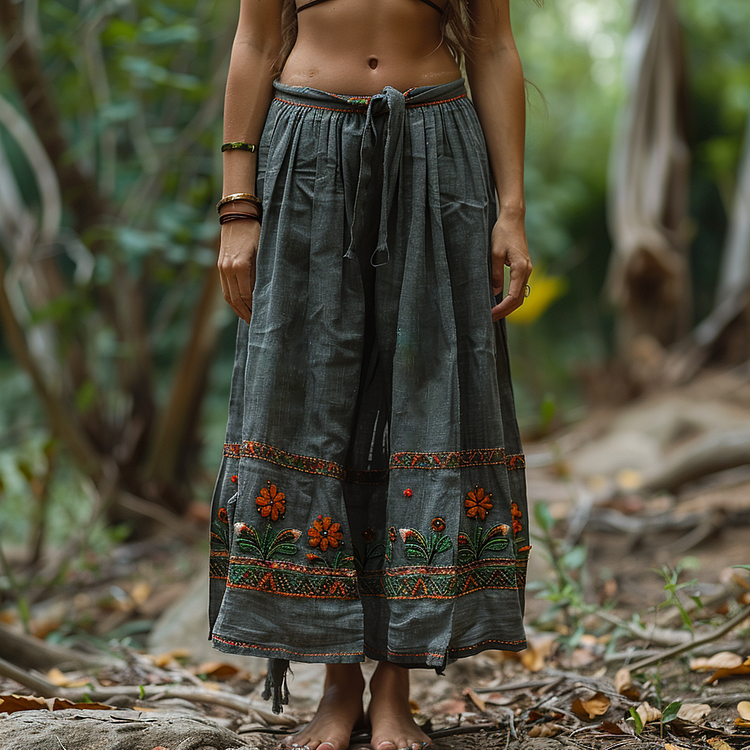 Women's Ethnic Print Vintage Oversized Cotton And Linen Trousers