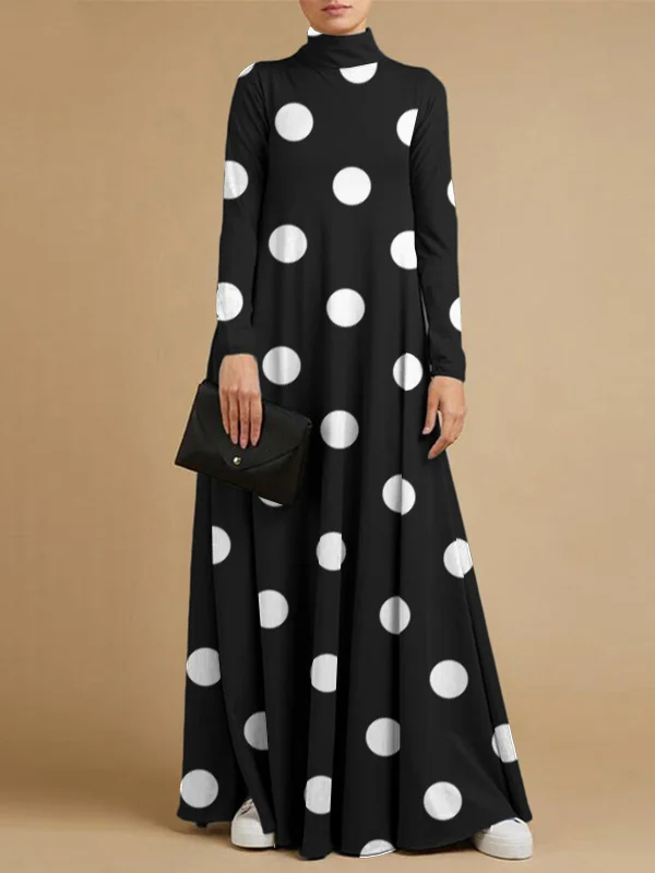 Roomy Large Polka-Dot Long Sleeves High Neck Maxi Dress