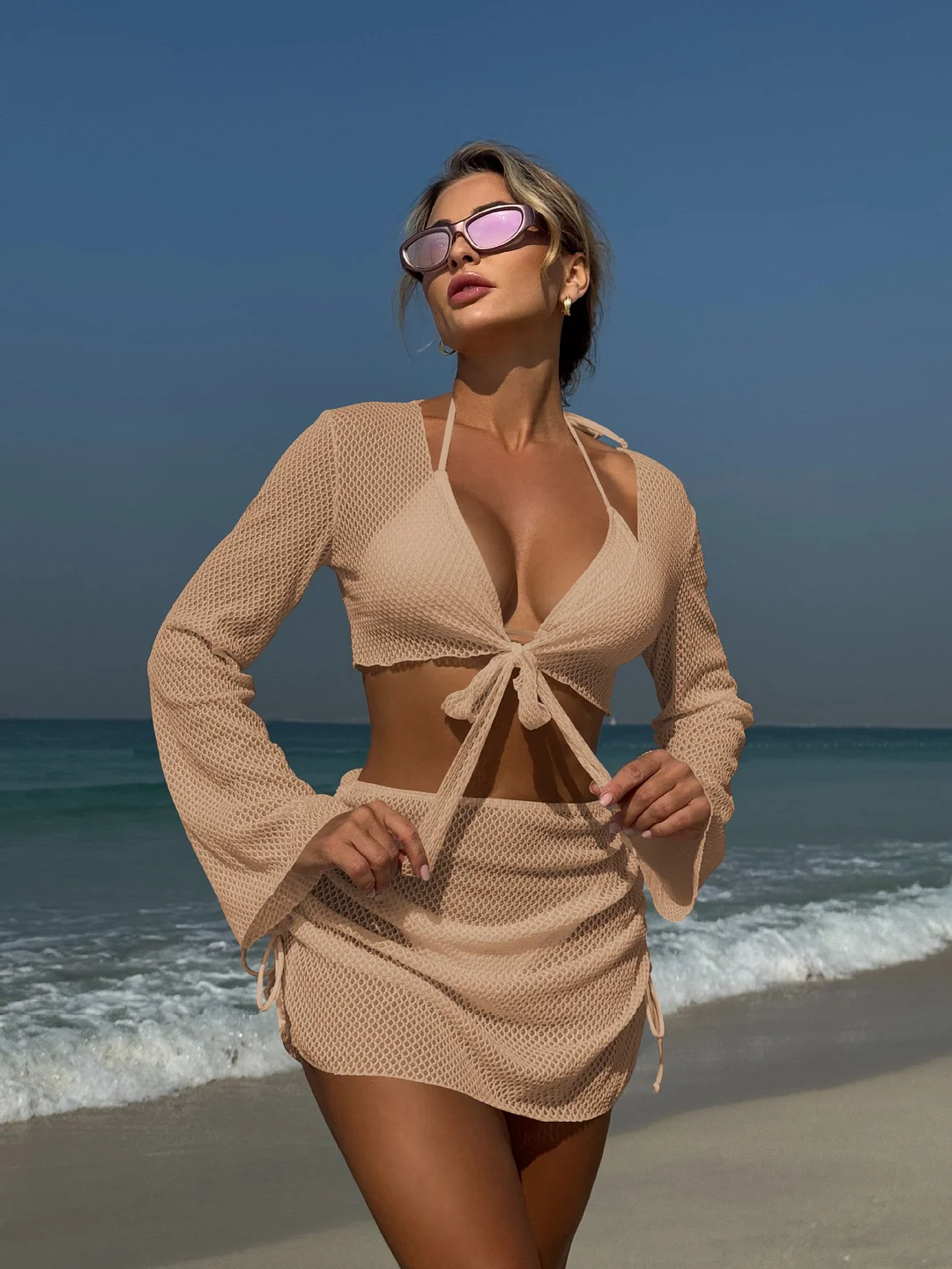 Churchf 2025 New Solid Color Sexy Summer New Beach Resort In Wind Four-Piece Split Swimsuit