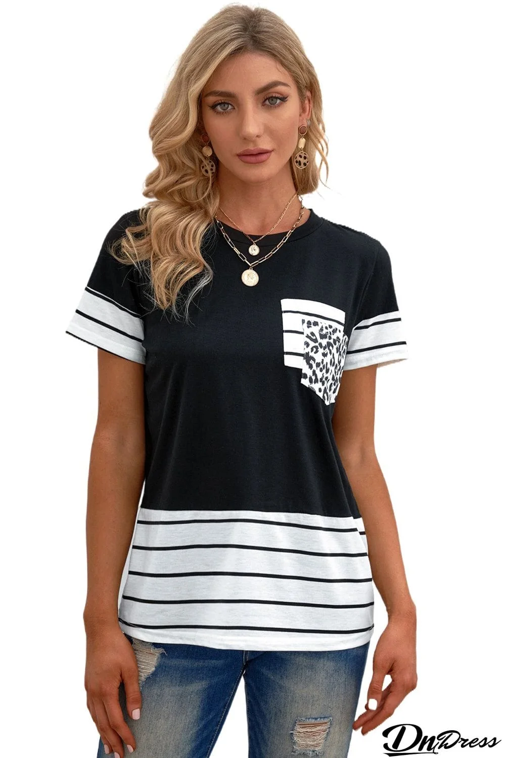 Striped Detail T-shirt with Patch Pocket