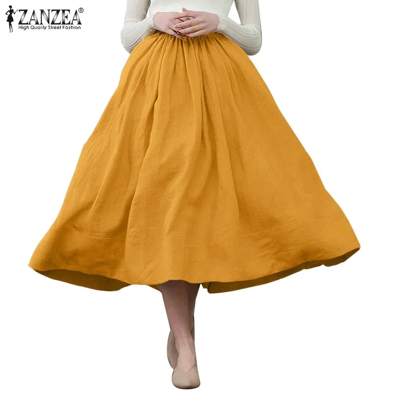 ZANZEA Women Vintage Skirts 2022 Summer Office Lady Midi Skirt Casual Solid A-line Pockets Zipper Oversized Cotton Linen Skirts