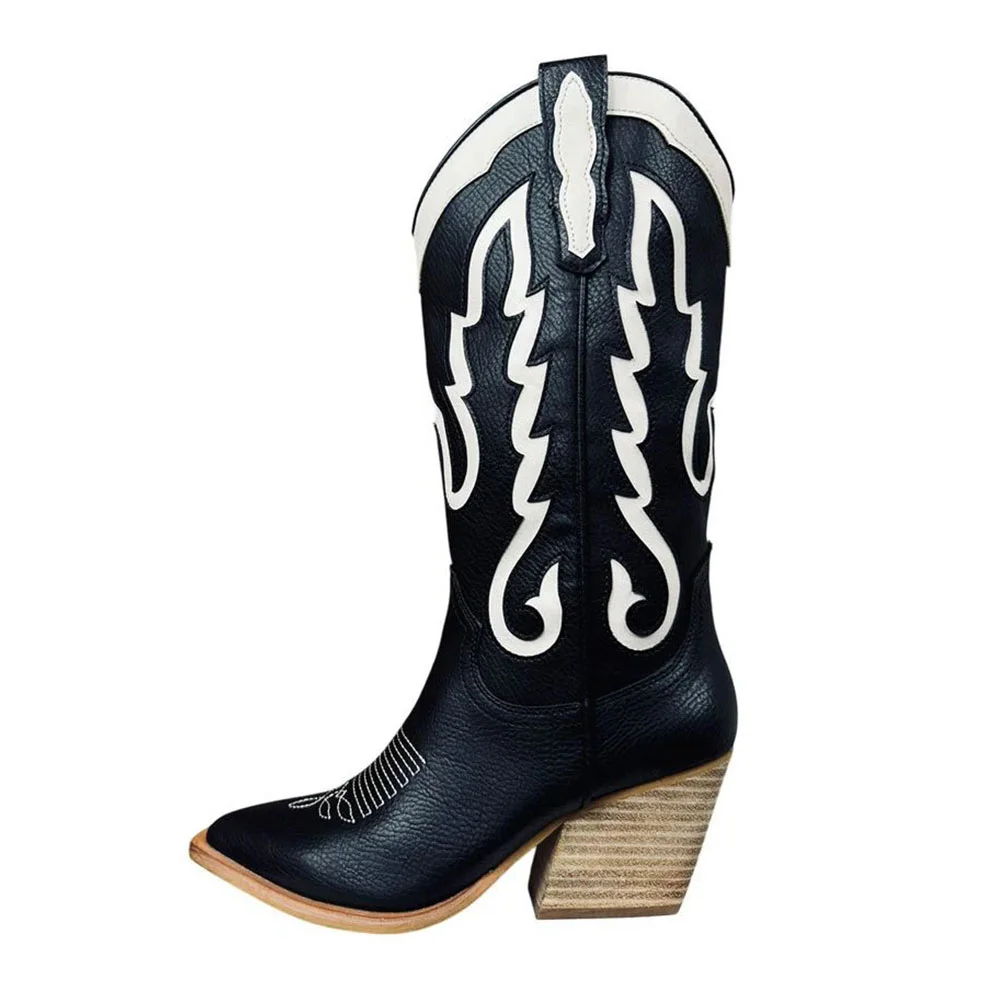 Black & White Pointed Toe Embroidered Patchwork Mid Calf Cowgirl Boots