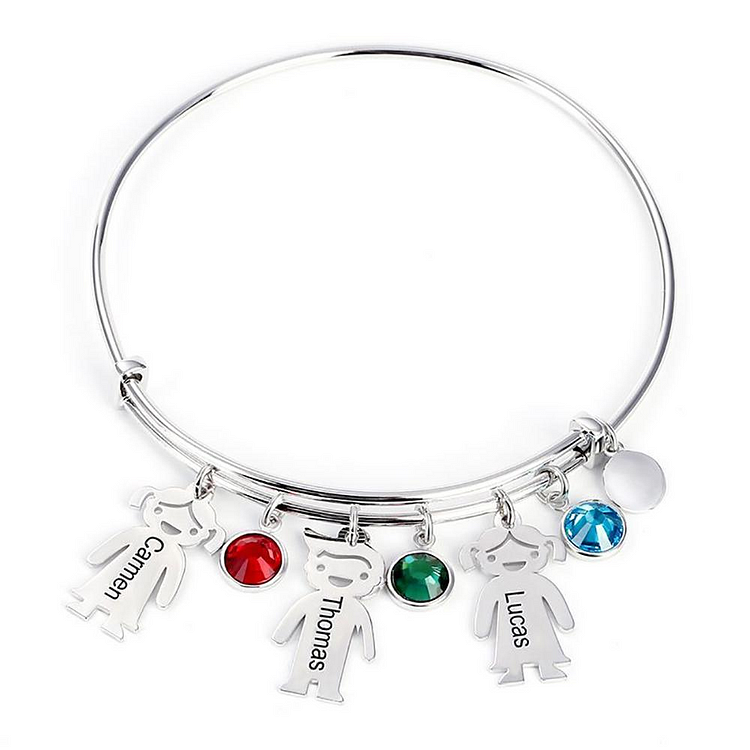 Personalized Kids Charm Bracelet With 3 Birthstones Engraved Names Adjustable Bracelet Gift For Her