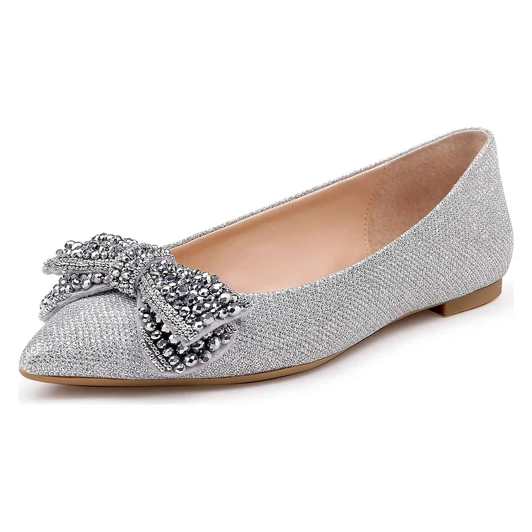 Silver Rhinestones Pointy Toe Comfortable Flats |FSJ Shoes