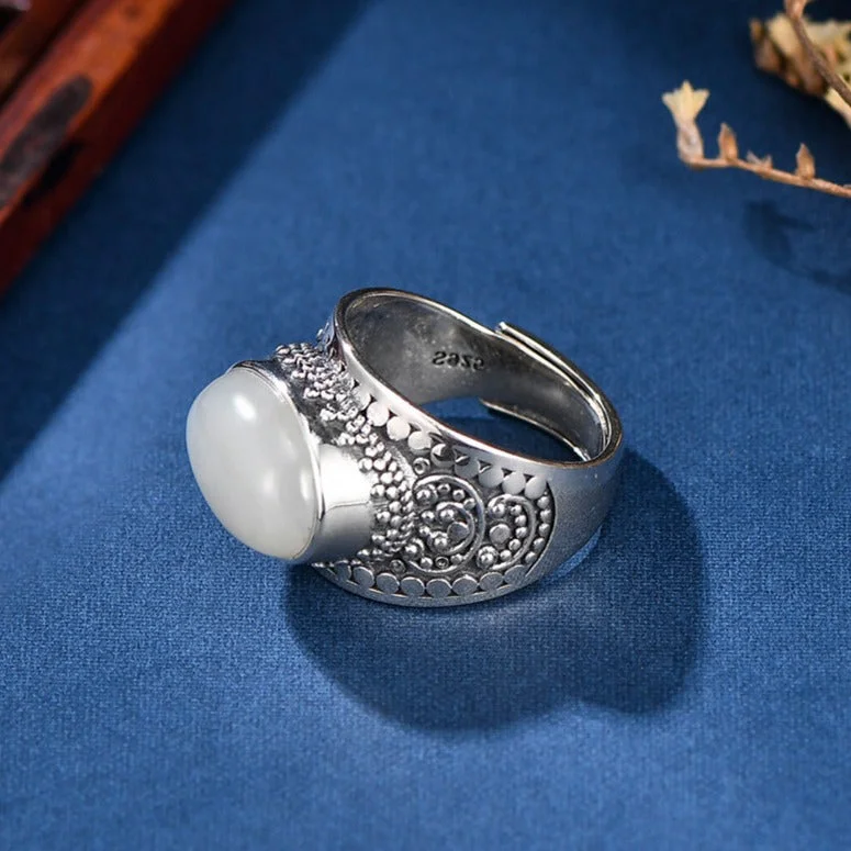 S925 Silver Malachite White Jade Vintage Adjustable Ring