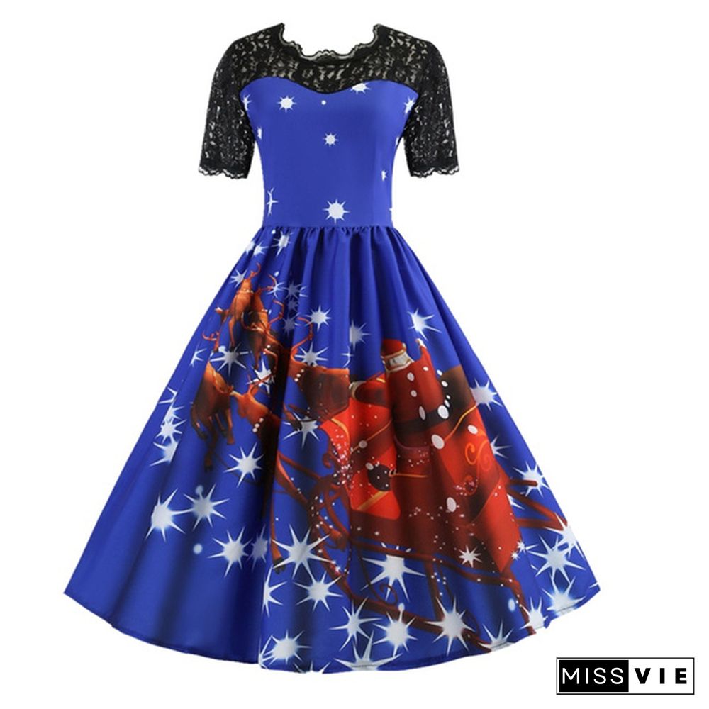 7 Colors Women Fashion Pumpkin Snowflake Print Dress Short Sleeve Lace Dress Christmas Halloween Costume Knee Length Party Dresses