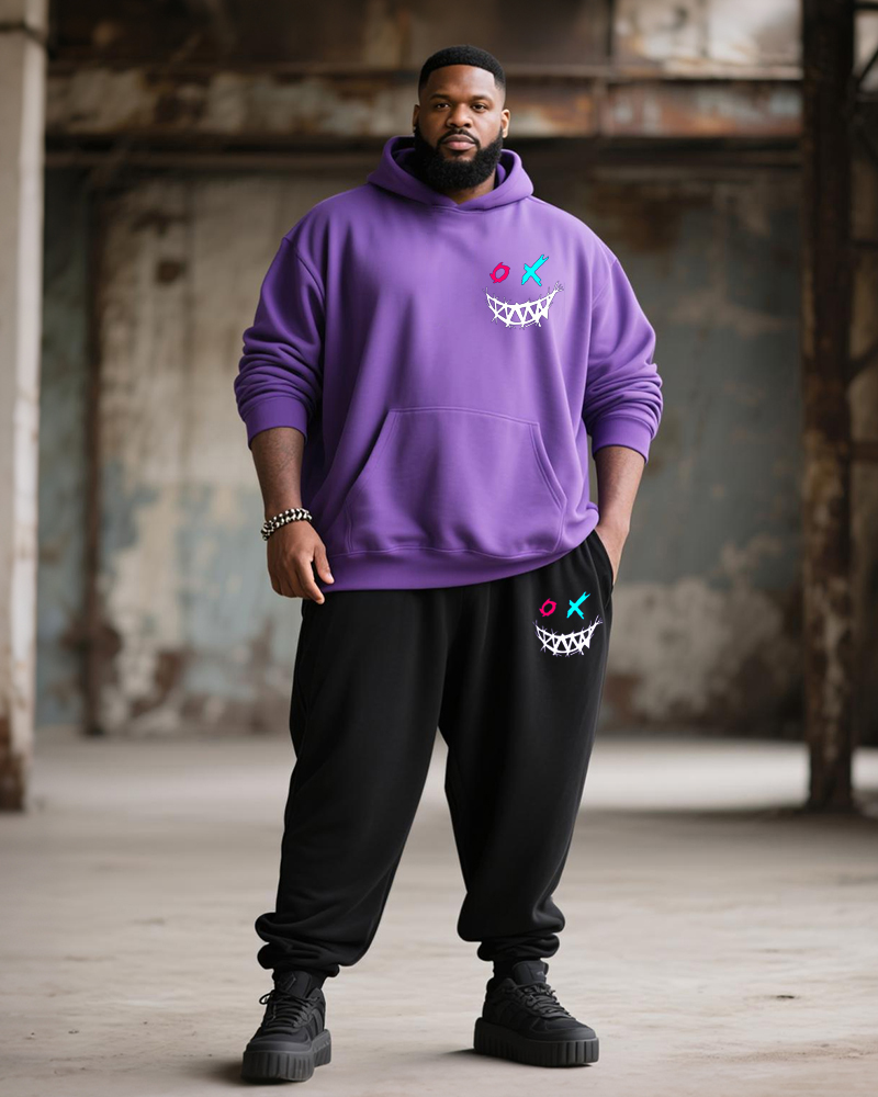 Big & Tall Men's Street Fashion Purple Expression Print Hoodie Suit