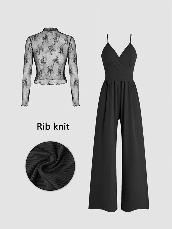 Completo Donna Due Pezzi: Top in Pizzo e Tuta Jumpsuit con Tasche