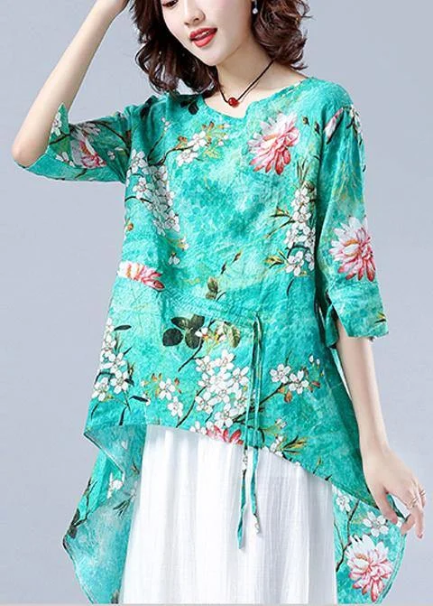 Art o neck asymmetric tunic pattern green Plant printing Dresses blouses