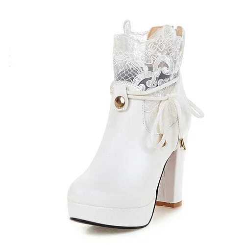 Gdgydh 2021 Lace Ankle Boots Thick High Heeled Female Short Boots Round Toe Platform Ladies Shoes White Wedding Shoes Plus Size
