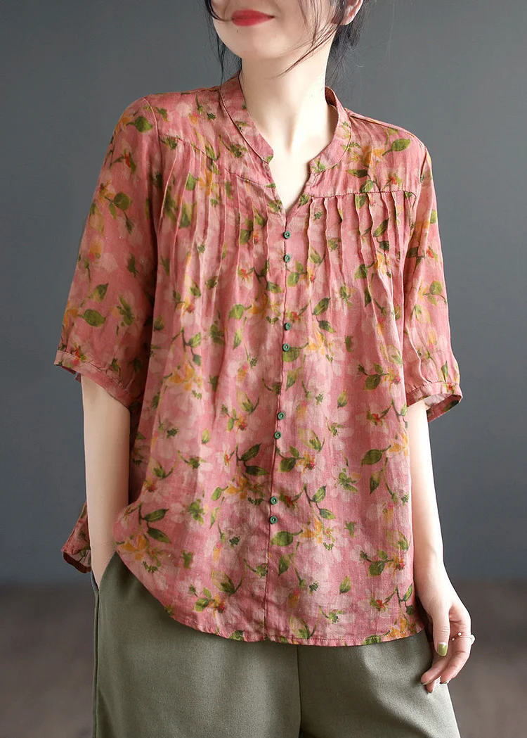 Fine Yellow V Neck Print Patchwork Wrinkled Button Ramie Top Short Sleeve
