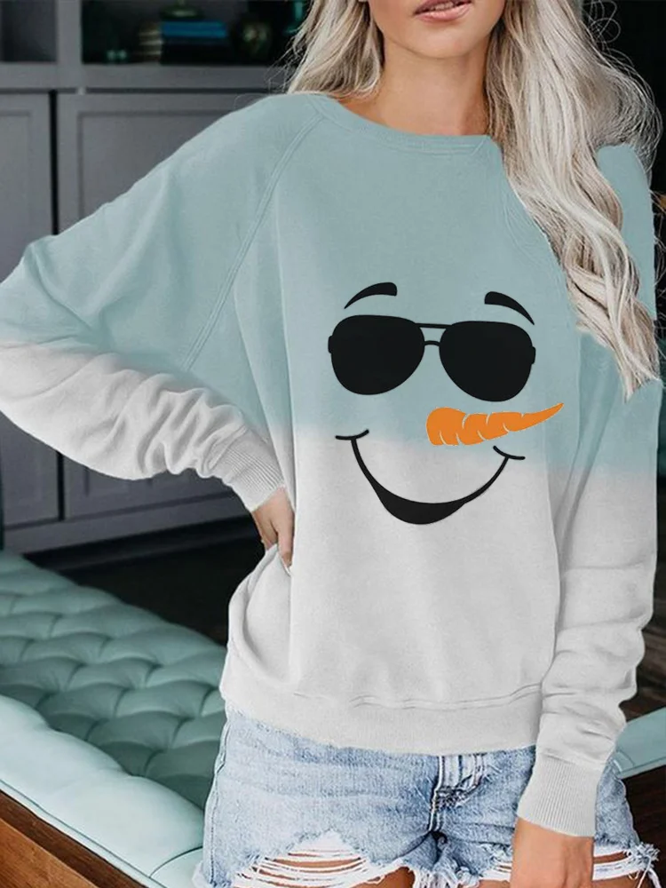 Christmas Snowman Face Print Casual Sweatshirt