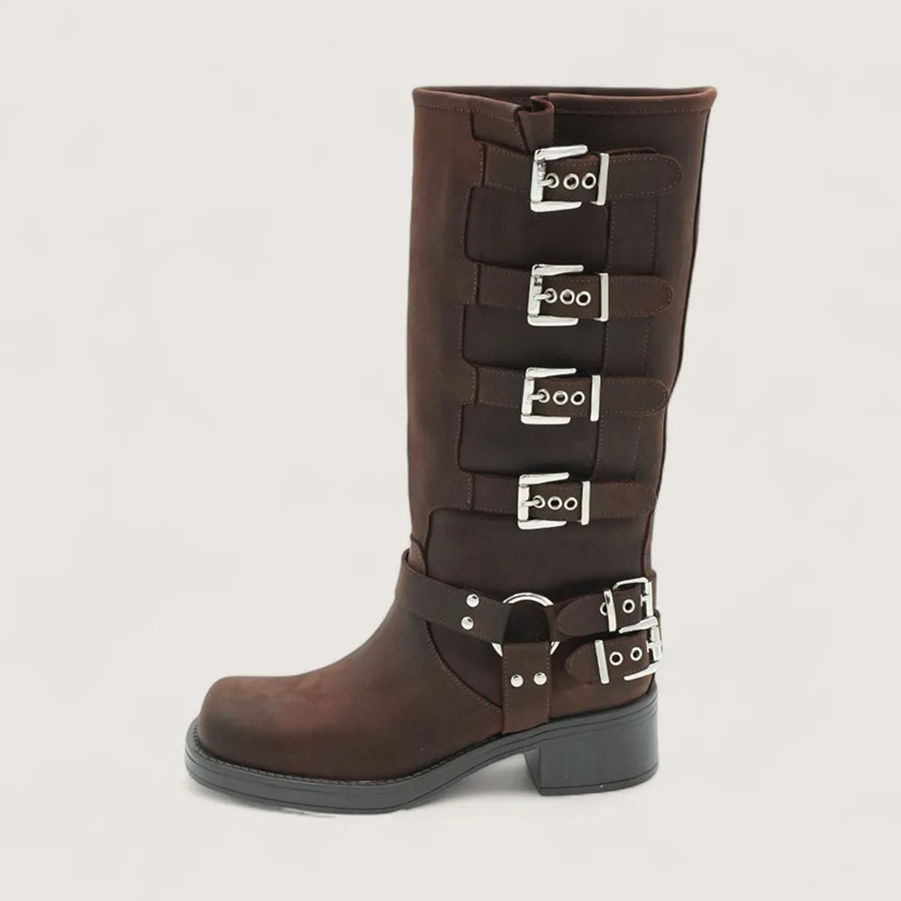 Brown Vegan Suede Round Toe Buckle Strap Motorcycle Mid-Calf Boots