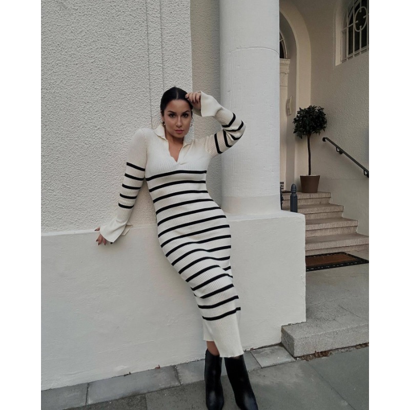 Ootddress White High Waist Knitwear Dress Fashion Women Rib Lapel Autumn 2025 Slim Elegant Long Dress Casual Knit Solid Party Dress