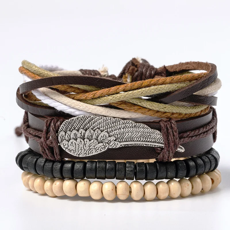Vintage Wooden Beads Wing Braided Leather Bracelet