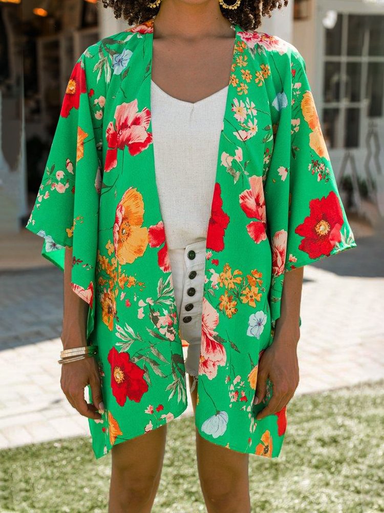 Plus Size Casual Printed Kimono Jacket P179029784