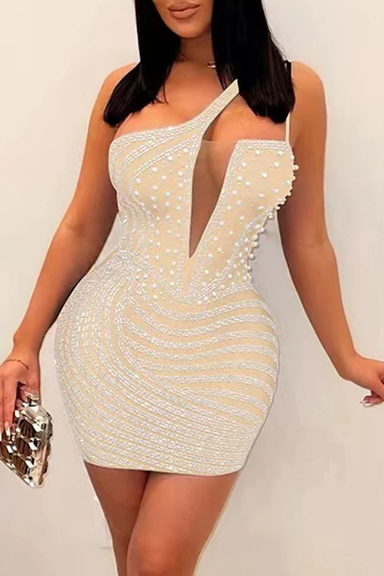 Apricot Fashion Sexy Patchwork Hot Drilling Backless One Shoulder Sleeveless Dress Dresses