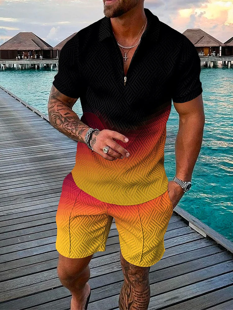 Men's Gradient Layered Abstract Printing Polo Suit