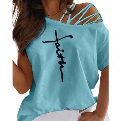 Back to School  Women Tshirt Plus Size Letter Print One Off Shoulder Strappy Slant Collar Female Top Loose T-Shirt Office Tee