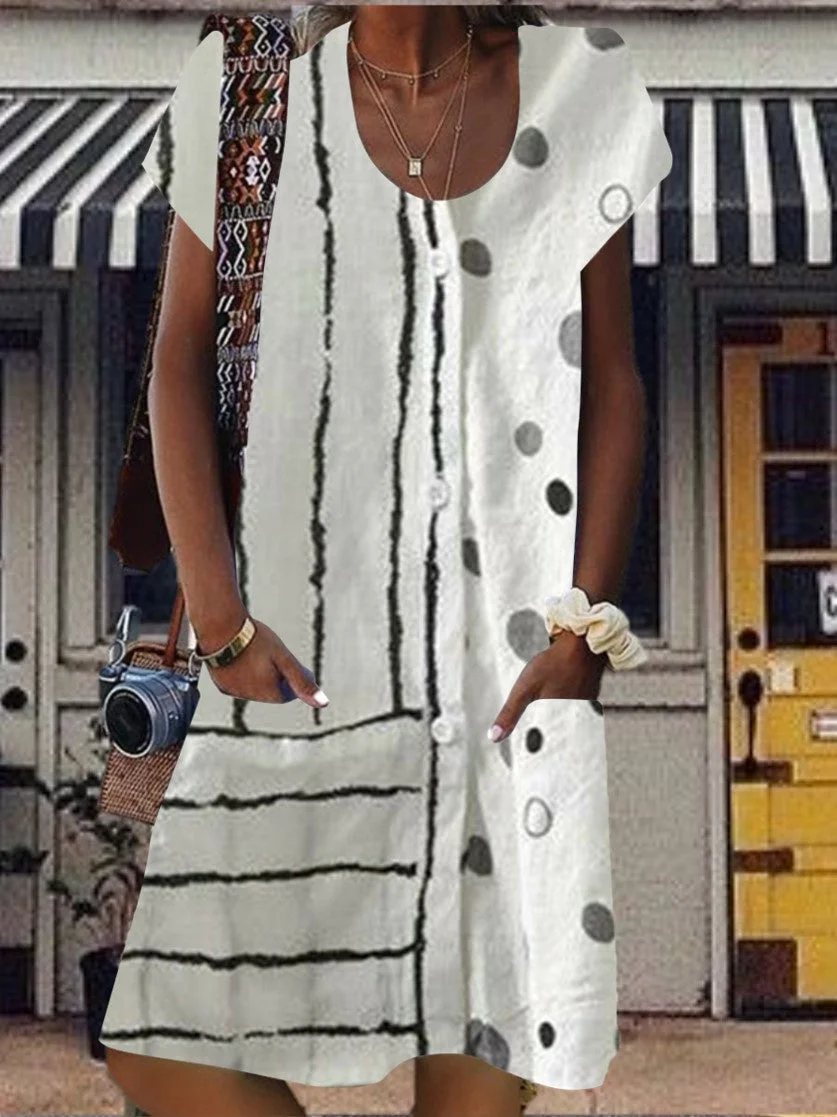 Women Short Sleeve U-neck Striped Polka Dot Dress
