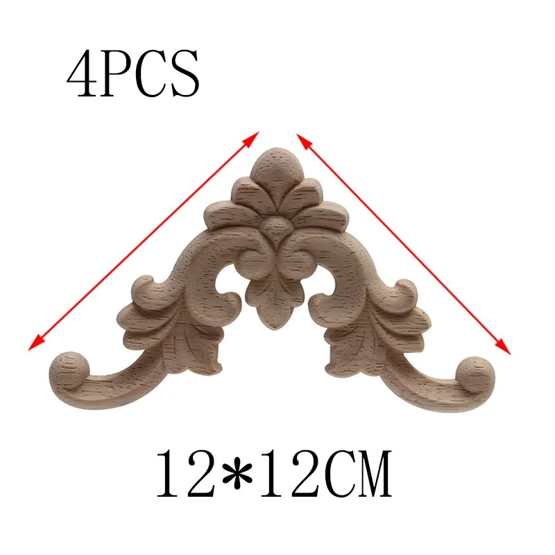 4PCS Unpainted Wooden Mouldings Decal European Wood Appliques for Furniture Cabinet New Flower Wood Carving Decorative Figurine