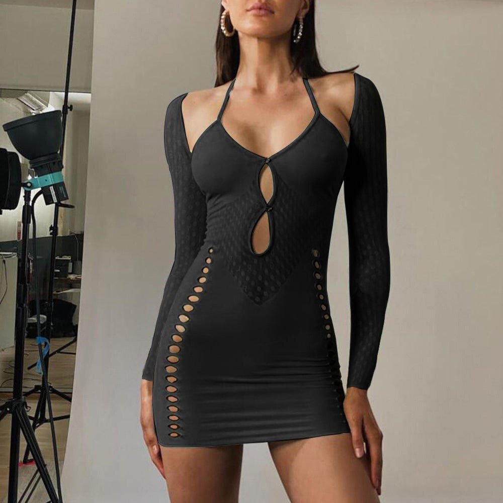 BOOFEENAA Sexy Cutout Bodycon Mini Dresses for Women Party Club Outfits See Through Mesh Patchwork Birthday Dress C82-CE16