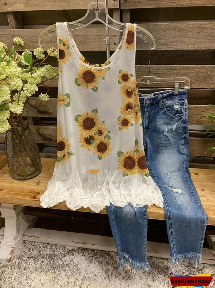 Bestdealfriday Sunflower Stitching Lace Cute Vest Top