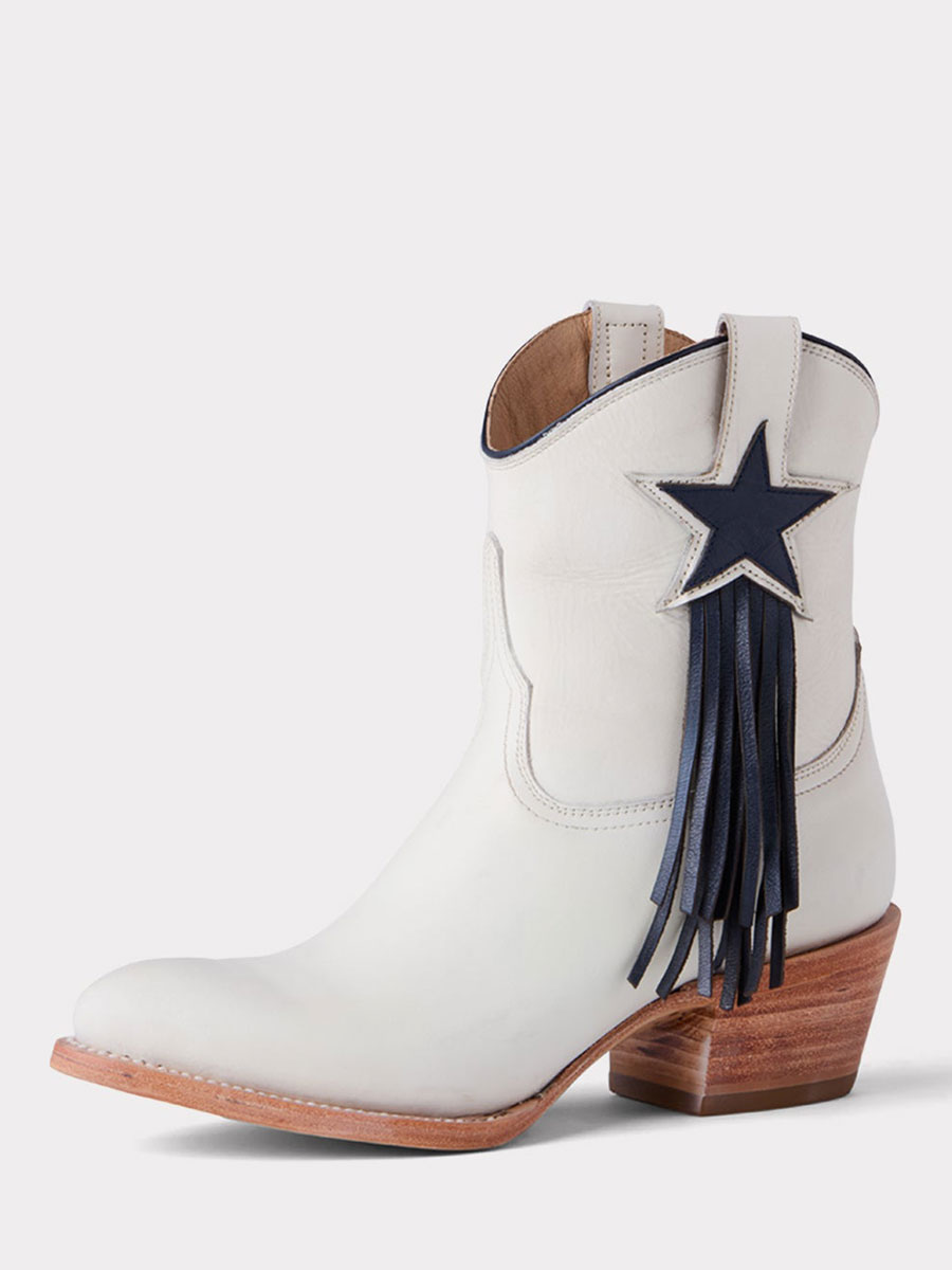 White Almond Toe Chunky Heel Star Fringe Pull-On Cowgirl Ankle Boots