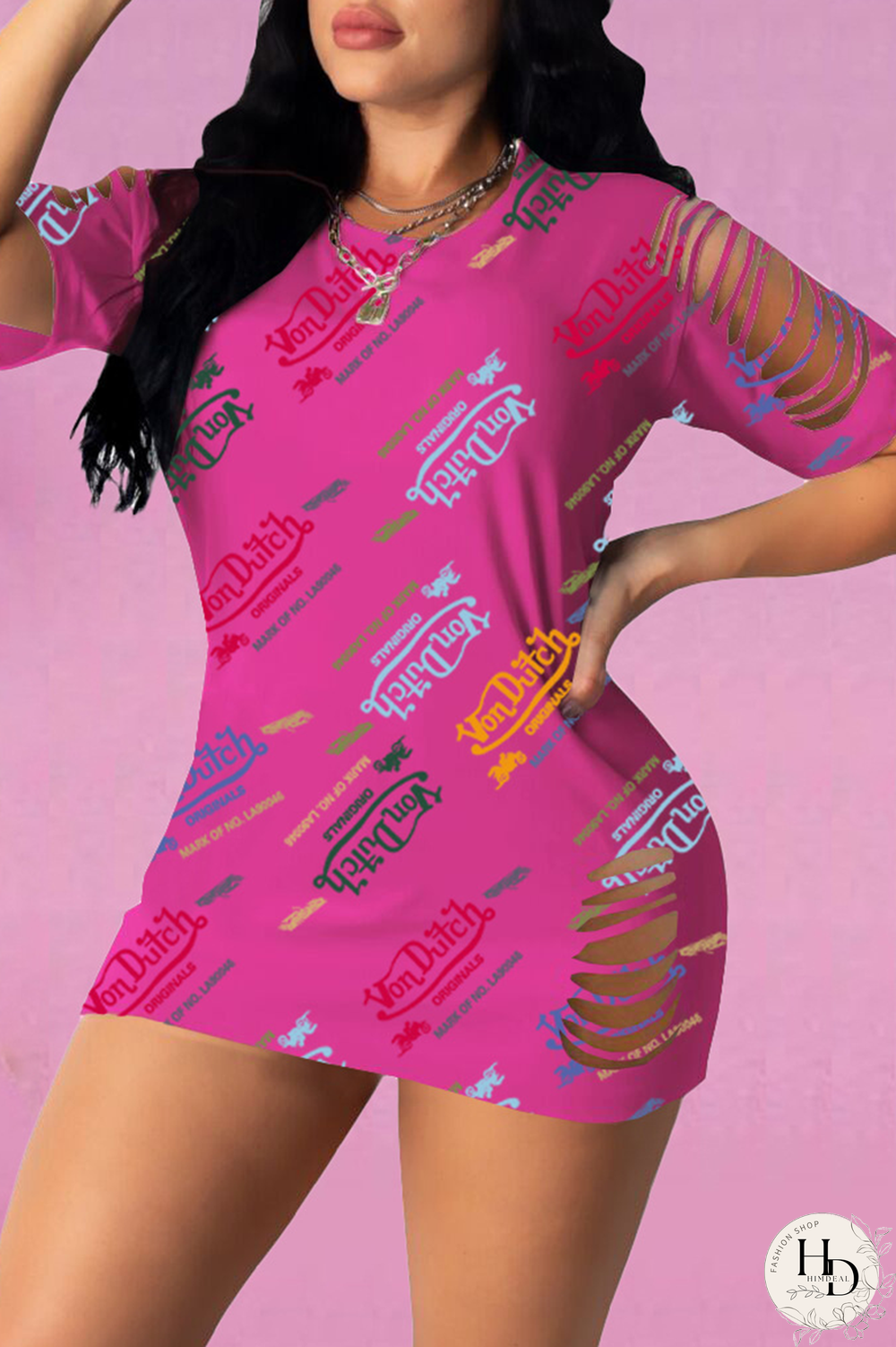 Rose Red Sexy Print Patchwork O Neck Straight Dresses