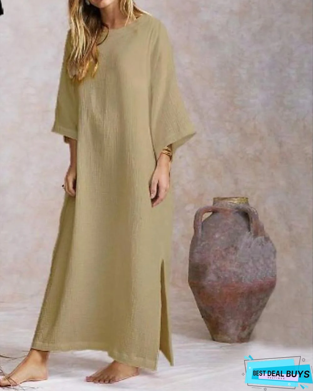 Women's Loose Maxi Long Dress 3/4 Length Sleeve Solid Color Split Spring Summer Hot Cotton White Black Khaki White Dresses
