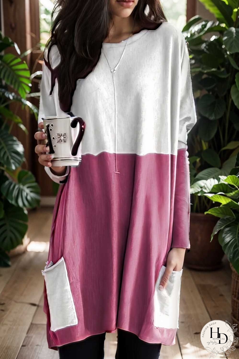 two color stitching pocket loose long sleeve t shirt