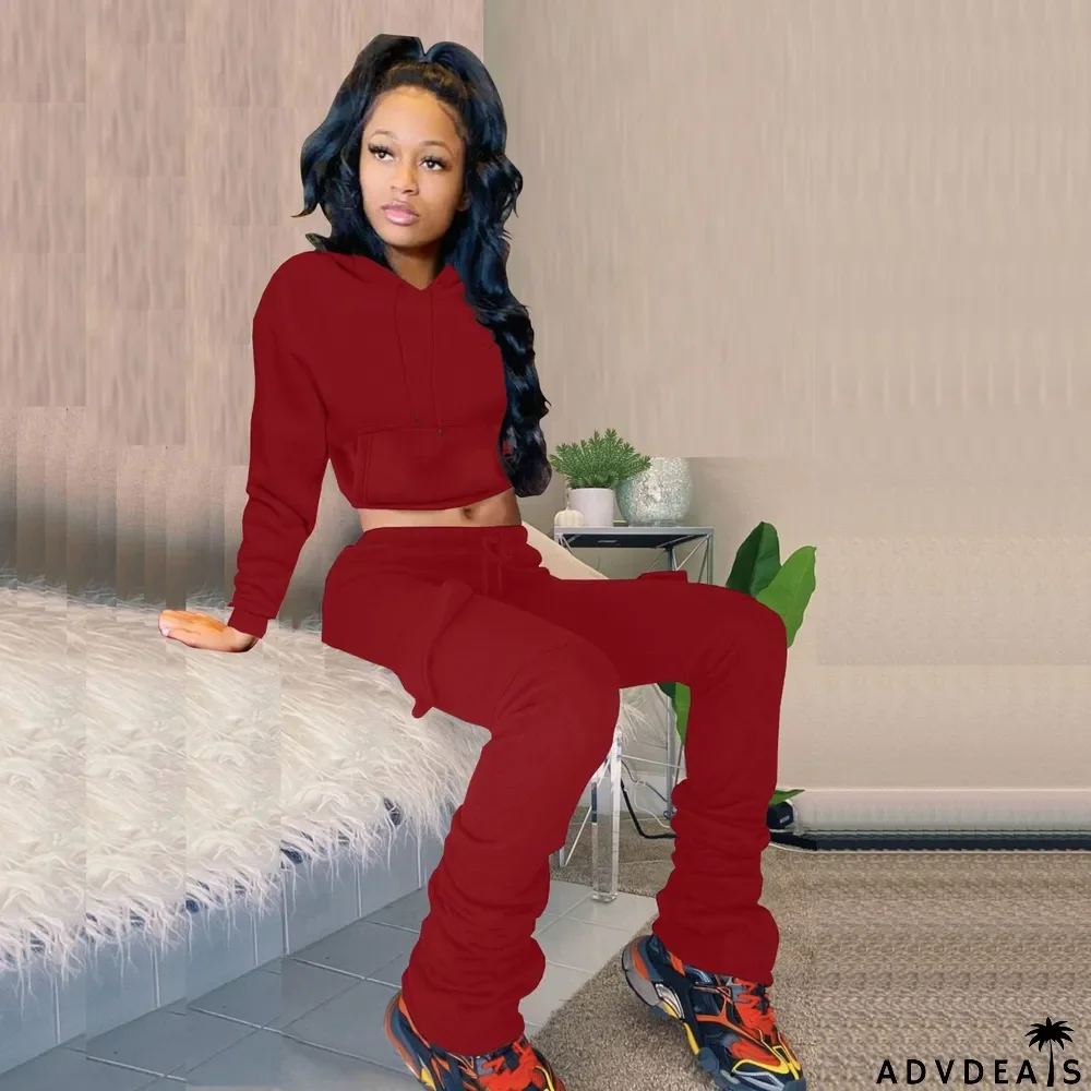 Solid Fleece Hoodie Top Pile Pants Casual Two Piece Sets