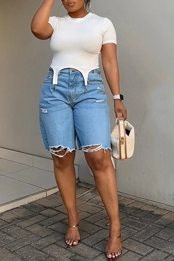 Solid Color Ripped Denim Shorts