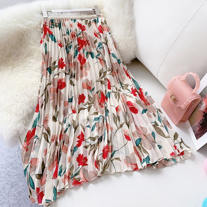  Fashion Women Floral Pleated Boho Midi Skirt High Waist Ladies Casual Summer Party Cocktail Wrap Skirt Sundress