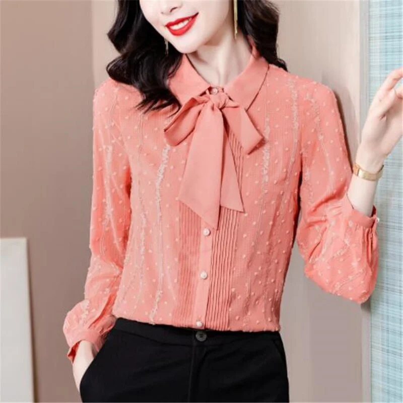 Bow Jacquard Blouse Business Offce Lady Shirt Long Sleeve Open Stitch Lace Chiffon Shirt Button Top Basic Sweet Female Blouses