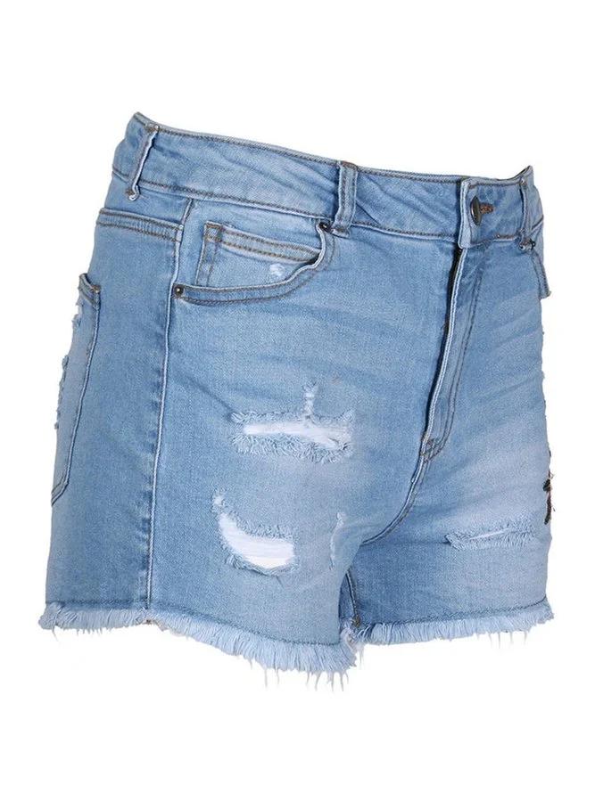 Women Classic Distressed Floral-Embroidered Denim Casual Pants
