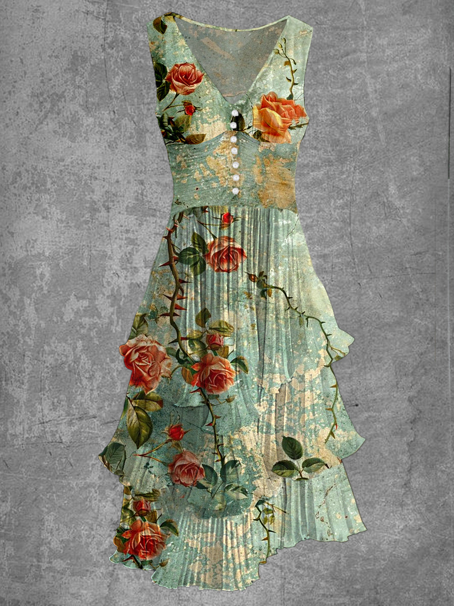 Floral Print Sleeveless V Neck Button Up Retro Midi Dress