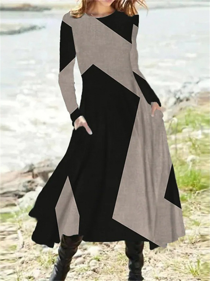 Women's Casual Retro Style Fashion Fall and Winter Round Neck Long Sleeve High Waist Oversized Swing Long Dresses