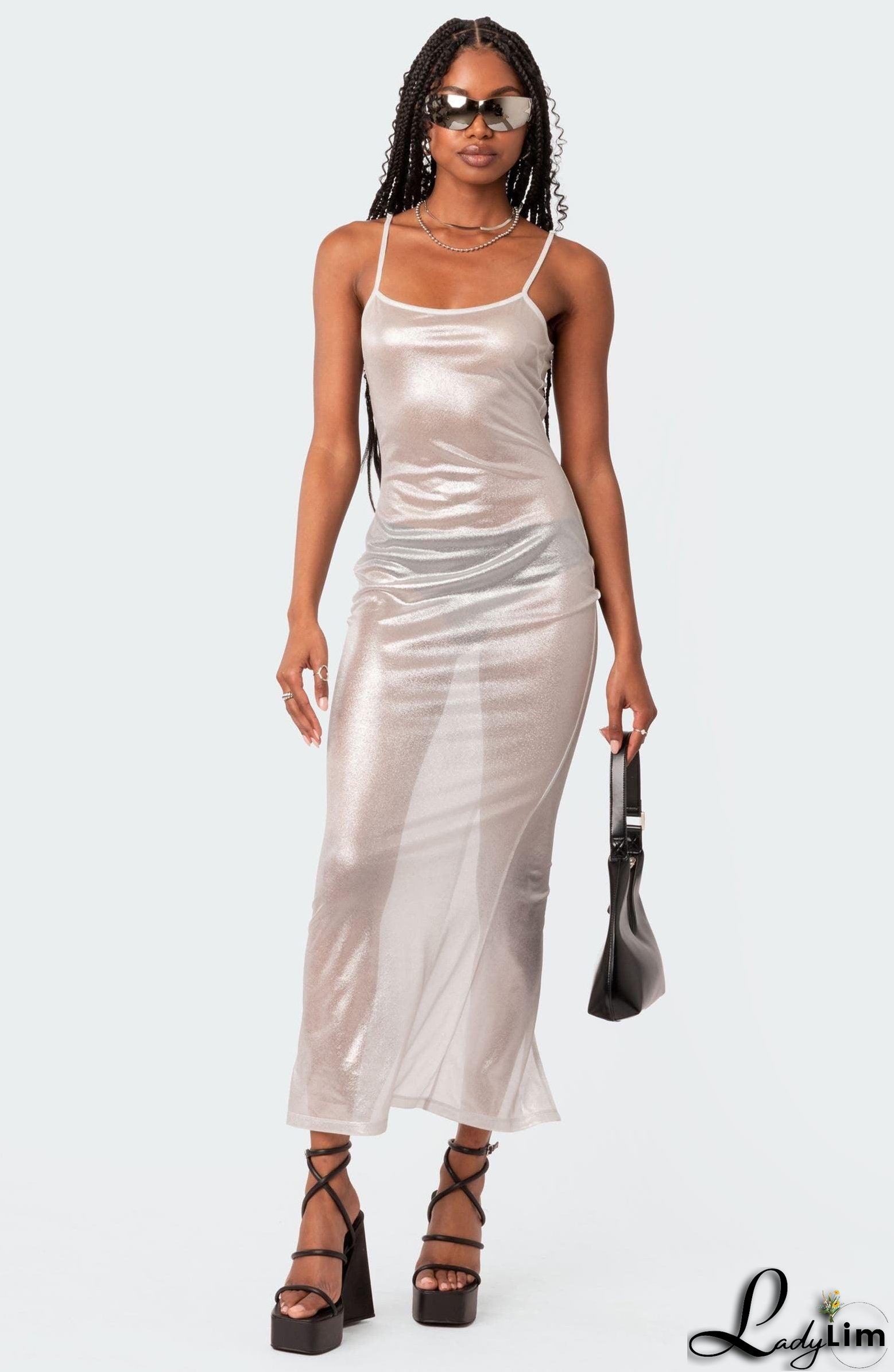Focused On Me Sheer Metallic Maxi Dress