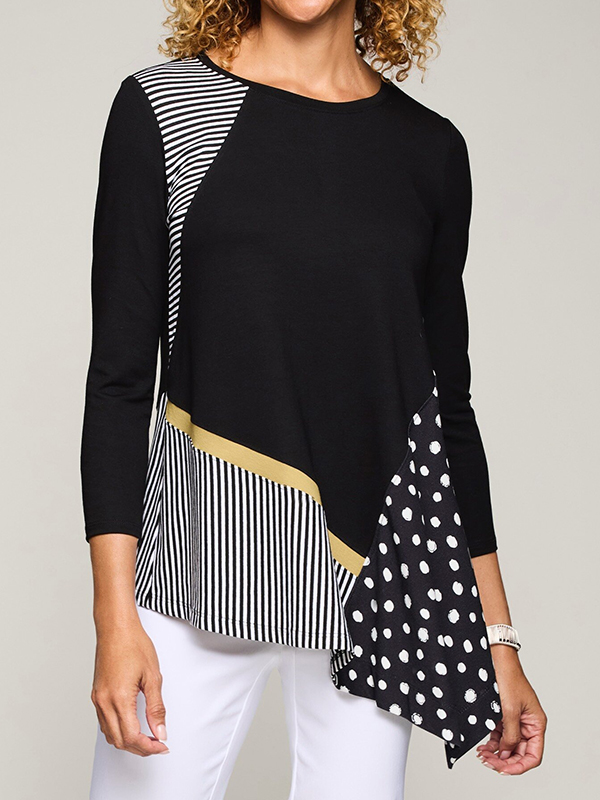 Asymmetrical Hem Striped Patchwork Dot Tops